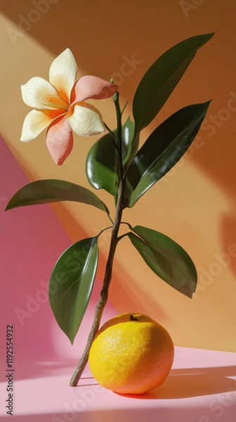 Obraz Minimalistic Still Life with Orange and Flower on Colorful Pink and Orange Background