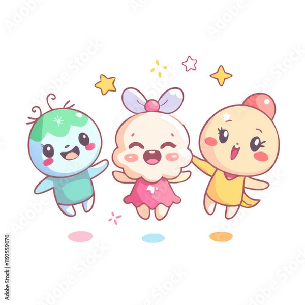 Obraz Three cheerful cartoon characters stand together, each displaying vibrant colors and playful expressions, radiating joy and friendship.
