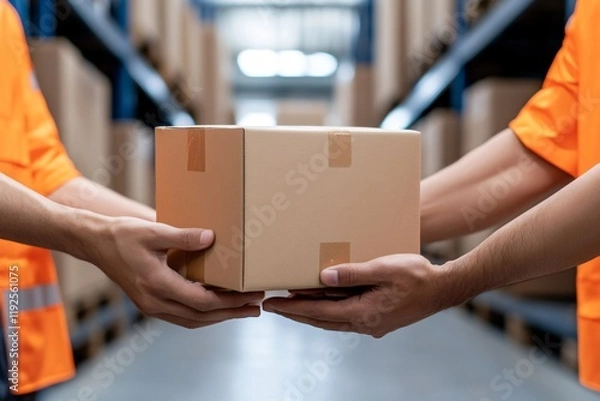 Fototapeta Two workers in orange vests exchange a cardboard box in a warehouse, highlighting the logistics and delivery process.