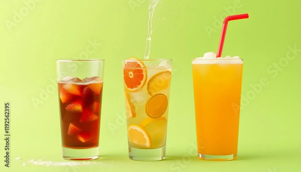 Fototapeta Soft drinks and fruit juice mixed with soda high in sugar have a negative effect on physical health, Paper Cutout style, with white tones