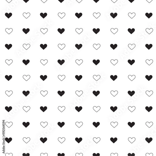 Fototapeta Cute seamless pattern with black and white hearts in black on white background in outline for holidays, valentine's day, wallpapers, wrapping, marketing, packaging	
