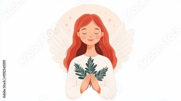 Fototapeta Smiling angelic figure with red hair and leafy accents, symbolizing peace, gratitude, and purity in an inspiring and warm hearted digital illustration