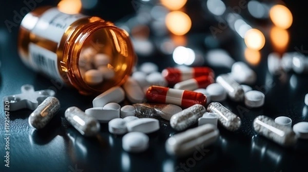 Fototapeta Assorted pharmaceutical pills and capsules spilling from a brown prescription bottle on a dark surface. Blurred warm lights in the background create a dramatic focus. 