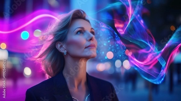 Obraz Captivating Portrait of a Businesswoman Immersed in Abstract Energy Waves Amid a Cityscape