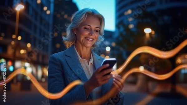 Obraz Mature Businesswoman Using Smartphone in Urban Night Setting with Light Trails