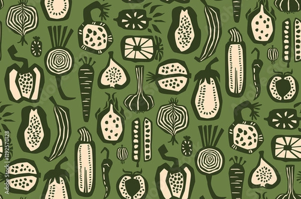 Fototapeta hand drawn abstract fruits and vegetables cut slices seamless pattern in olive sage green beige colors,  vector illustration repeat design print