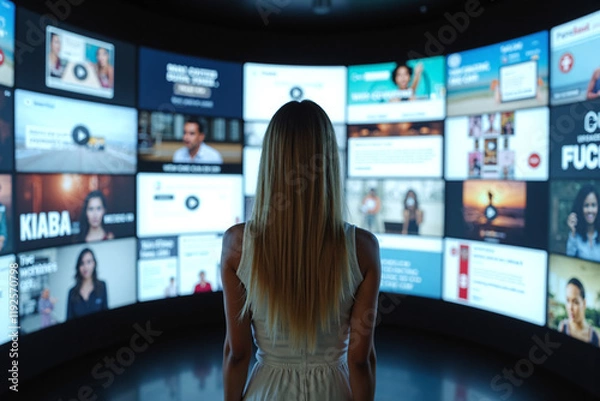 Obraz a blonde woman in a white jumpsuit standing before a circular wall of diverse digital screens.