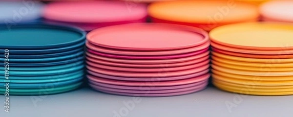 Obraz Symmetry gradient concept. Colorful stacked plates in various shades for vibrant table settings.