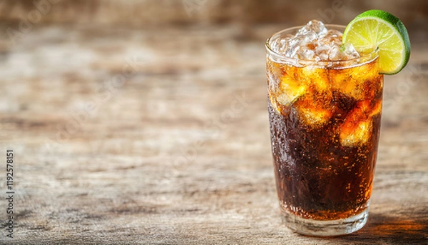 Fototapeta Rum and cola Cuba Libre drink with lime and ice on rustic wooden table