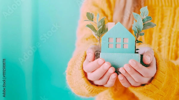 Fototapeta Discover the Charm of a Miniature House with Fresh Greenery Emphasizing Sustainability and Nature's Embrace in a Cozy Atmosphere