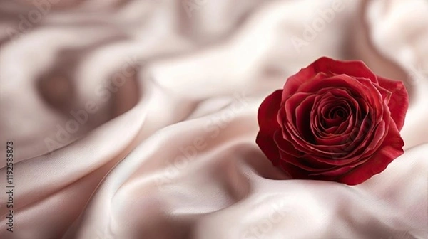 Fototapeta Valentine rose concept. Beautiful red rose placed elegantly on soft satin fabric, symbolizing love and passion.