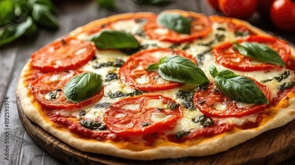 Fototapeta Savory homemade pizza featuring fresh tomatoes basil and melted mozzarella cheese presented on a wooden table with ingredients in background