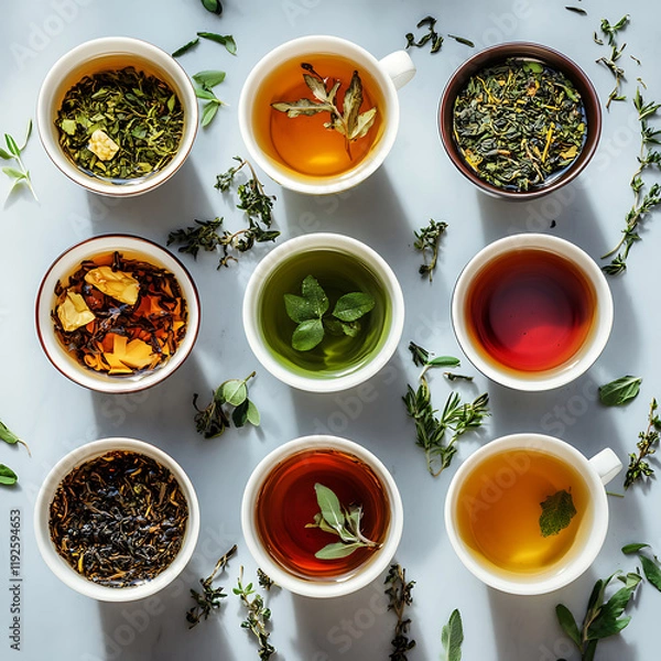 Obraz vibrant display of various tea cups filled with different types of tea, showcasing range of colors and ingredients. arrangement highlights beauty of herbal and traditional teas