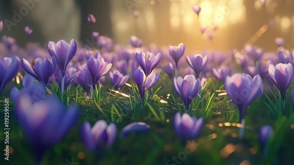 Fototapeta Vibrant crocus flowers blooming in lush green grass under a soft golden light in a serene forest setting during springtime.