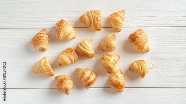 Obraz Freshly baked croissants arranged on a white wooden surface showcasing their flaky, golden layers and delicious texture.