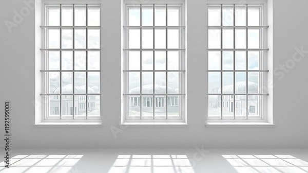 Fototapeta Three Large Windows with Security Bars Offering a View of a Cityscape.