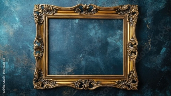 Fototapeta Vintage ornate picture frame with intricate detailing against a textured blue background for art and design showcases.