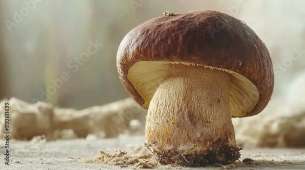 Fototapeta Close-up of Boletus edulis mushroom also known as king bolete highlighting its detailed texture and natural colors on rustic background