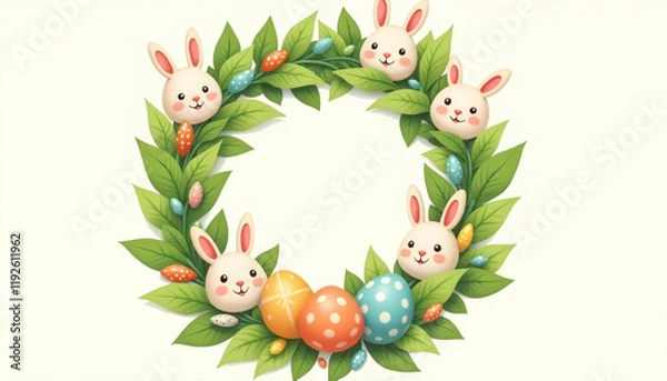 Fototapeta Easter wreath with rabbits and colorful eggs