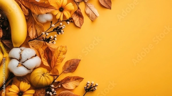 Obraz Autumn flat lay with bananas cotton flowers and leaves in warm orange hues seasonal color palette elegant background for seasonal designs