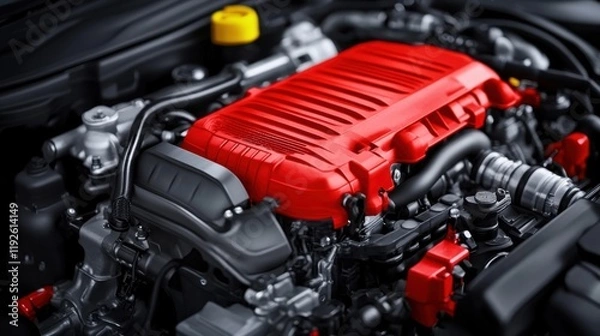 Fototapeta High-Performance Red Engine Component in Modern Sports Car Engine Bay with Detailed Mechanical Features