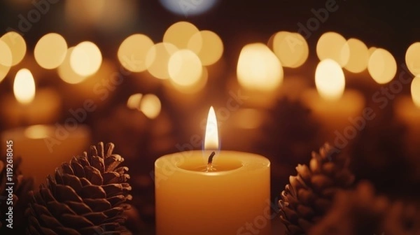 Fototapeta Candles and pine cones create a warm holiday atmosphere with a selective focus on flickering flames in a vintage-inspired background