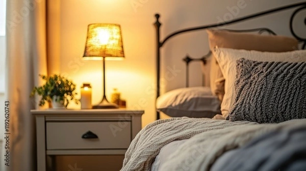 Fototapeta Cozy bedroom scene featuring a bedside table with a wrought iron lamp illuminating a warm atmosphere and soft bedding textures