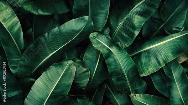 Obraz Bananas Surrounded by Rich Dark Green Tropical Leaves for Fresh Produce Theme