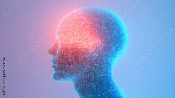 Fototapeta Artificial intelligence concept visualized by a glowing 3D head silhouette with integrated circuit patterns and neon blue light