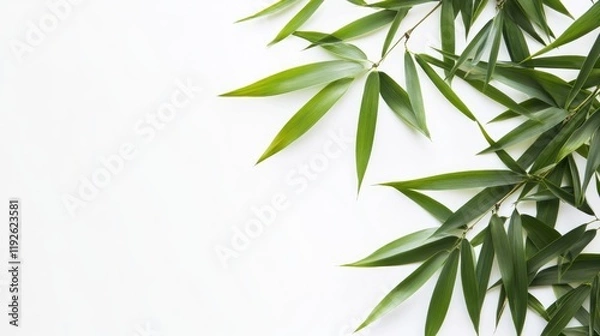 Fototapeta Bamboo leaves gracefully arranged on a white background showcasing vibrant green tones for natural aesthetic and design elements.
