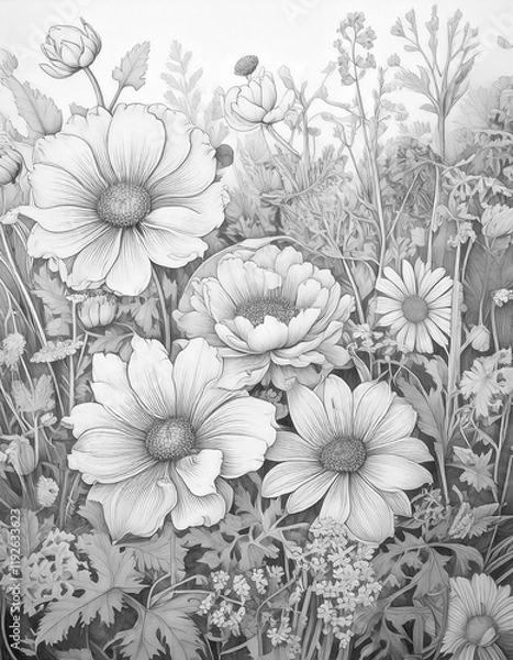 Fototapeta Coloring sketch of flowers field, number 10