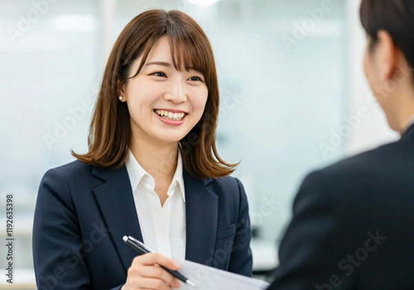 Obraz 笑顔で仕事の打ち合わせをする若い女性社員