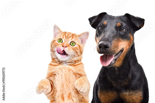 Fototapeta Portrait of cute licking kitten Scottish Straight  and Jagdterrier dog isolated on a white background