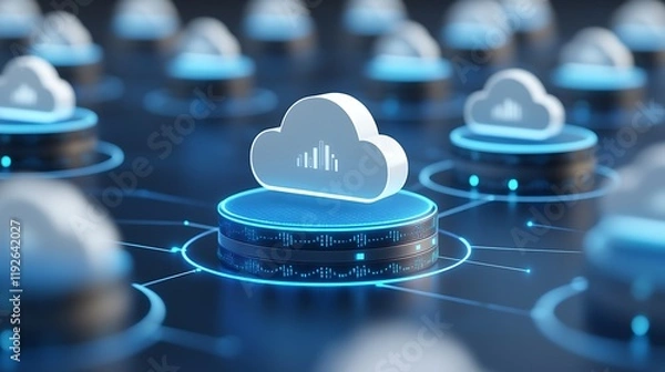 Fototapeta Digital Cloud Computing Network with Data Visualization Elements on Blue Background