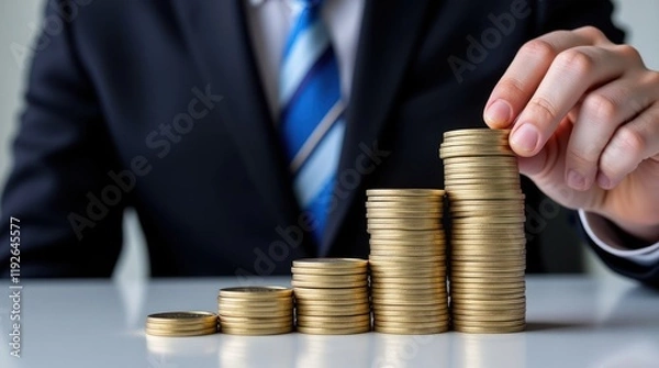 Fototapeta Stacks of Coins Being Arranged by a Businessman in a Formal Setting
