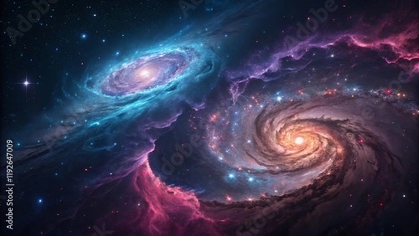 Fototapeta Abstract cosmic swirls with glowing neon galaxy patterns