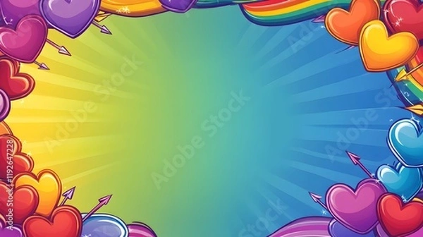 Fototapeta Whimsical Valentine's Day Frame with Cartoon-Style Heart Clouds, Cupids, and Rainbow Gradient Border