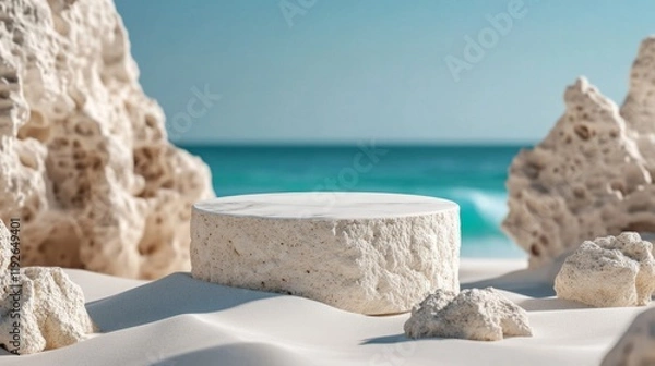 Obraz Summer vacation Beach Podium. Modern aesthetic sea and sand podium abstract scene. Empty stage minimalistic boho design background. Stand product showcase.