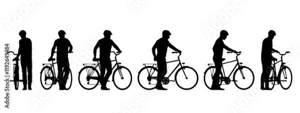 Fototapeta Vector concept conceptual black silhouette of a man riding a bicycle from different perspectives isolated on white background. A metaphor for sport, fitness, competition, health, leisure and lifestyle