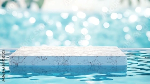 Fototapeta Summer vacation Beach Podium. Modern aesthetic sea and sand podium abstract scene. Empty stage minimalistic boho design background. Stand product showcase.