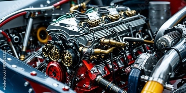 Fototapeta Intricate Close-Up of a Custom Race Car Engine Showcasing Unique Mechanical Design Element