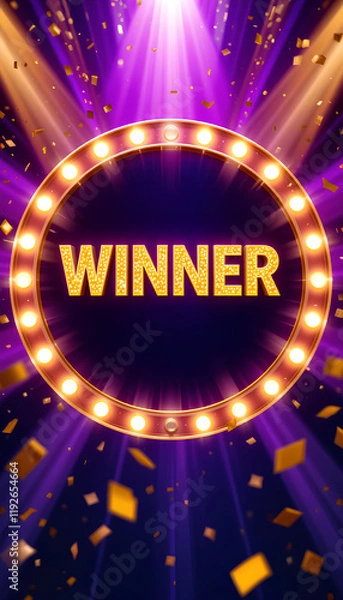 Fototapeta raffle winner celebration with glittering gold letters, marquee light border, purple rays, and confetti for a festive atmosphere