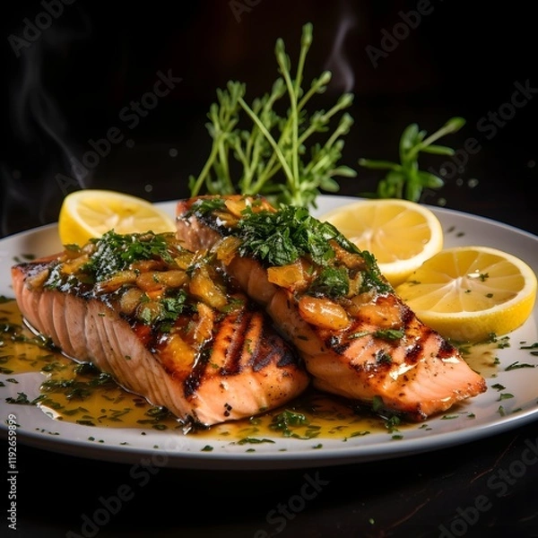Fototapeta Beautifully plated grilled salmon fillet served with fresh lemon slices and fragrant herbs showcasing an exquisite fine dining culinary presentation