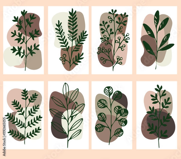 Fototapeta set Flowers drawn by hand line, logo for design, on white background, Mocha Mousse colors - Pantone colors of 2025