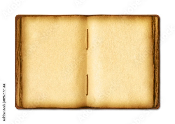 Fototapeta Old open medieval book with worn parchment pages. Isolated on transparent background