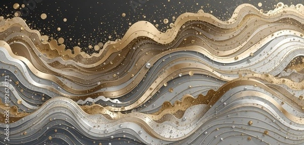 Fototapeta Abstract golden waves with sparkling particles on black