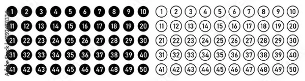 Obraz Set of 1 to 50 numbers simple design isolated. Typography set of rounds 1 to 50 Numbers. Bullet point number icons collection. Numeral typographic line and flat icons set. Vector illustration.