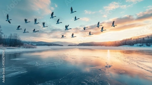 Fototapeta Flock of birds flying over a partially frozen lake at sunset creating a beautiful winter scene