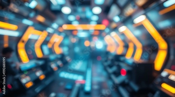 Fototapeta A blurred, high-tech corridor with rows of control panels, illuminated by vibrant orange and blue lights.