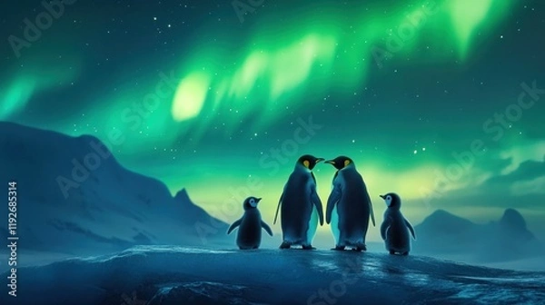 Fototapeta Penguin family under the aurora borealis in a winter landscape with mountains and stars